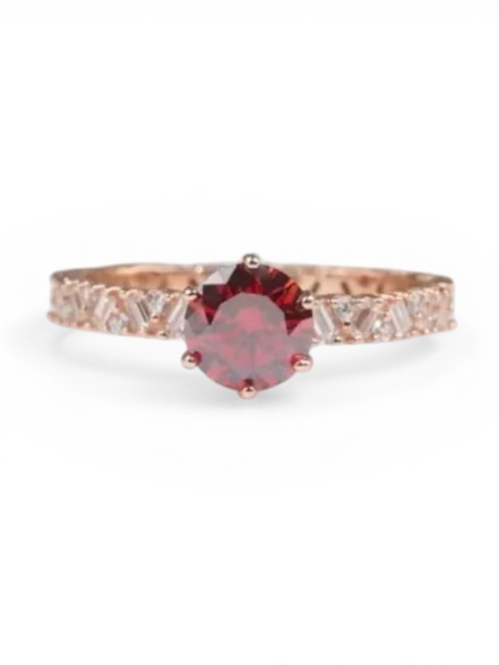 Rose Gold Plated Ring with Red Moissanite Stone.